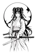 Beautiful girl Samurai with a sword and moon tattoo design idea