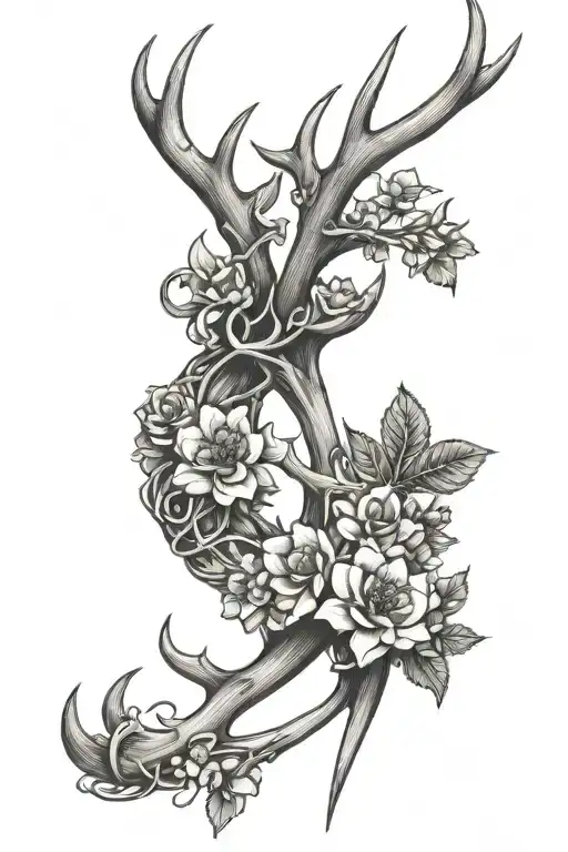 antler intertwined with flowers tattoo design idea