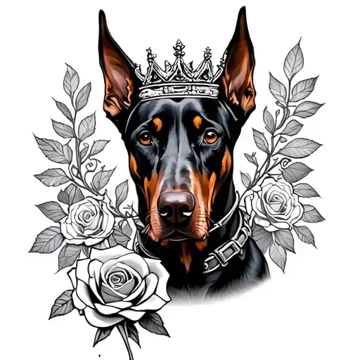 doberman with a spiked collar, holding a rose and wearing a crown tattoo design idea