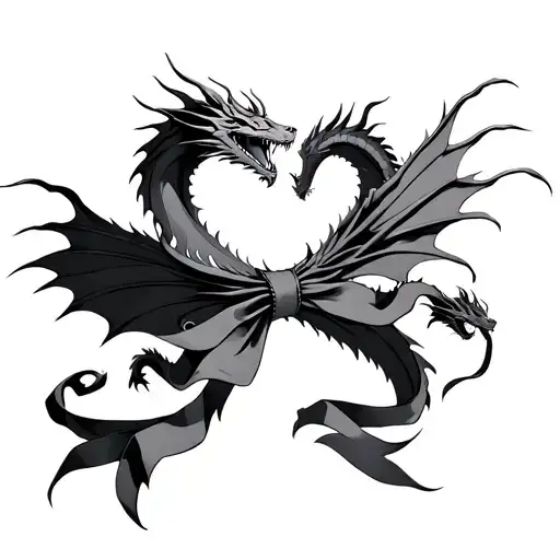 fantasy bow with long ribbons 3 dragons flying around the edge  tattoo design idea