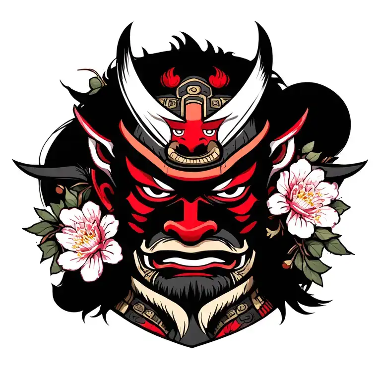 red oni mask with sakura and samurai warrior tattoo design idea