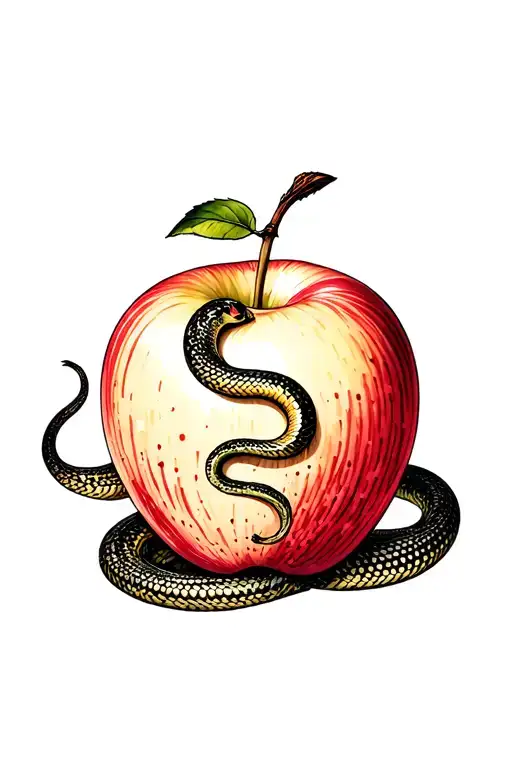 A dotwork tattoo featuring an apple with a snake wrapped around it, symbolizing temptation and the duality of good and evil tattoo design idea