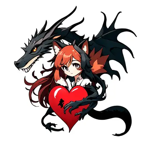 tattoo of a black dragon wrapped around a broken heart held by an anime fox girl tattoo design idea