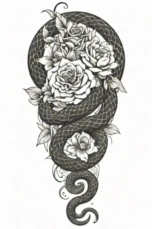flowers and snake wrapped together tattoo design idea