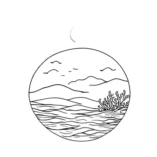 sunset over ocean with coral reef scene tattoo design idea