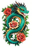2 eastern dragons, vines with roses, tattoo design idea