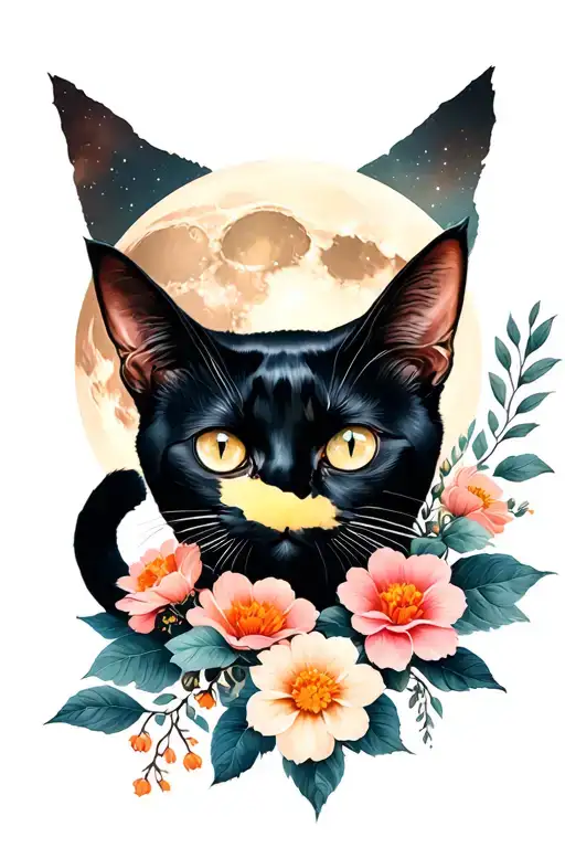 black cat with moon and flowers tattoo design idea