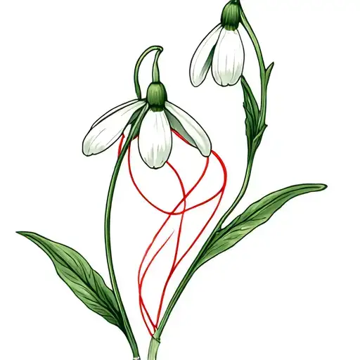 snowdrop flower and morning glory flower with red string intertwined tattoo design idea