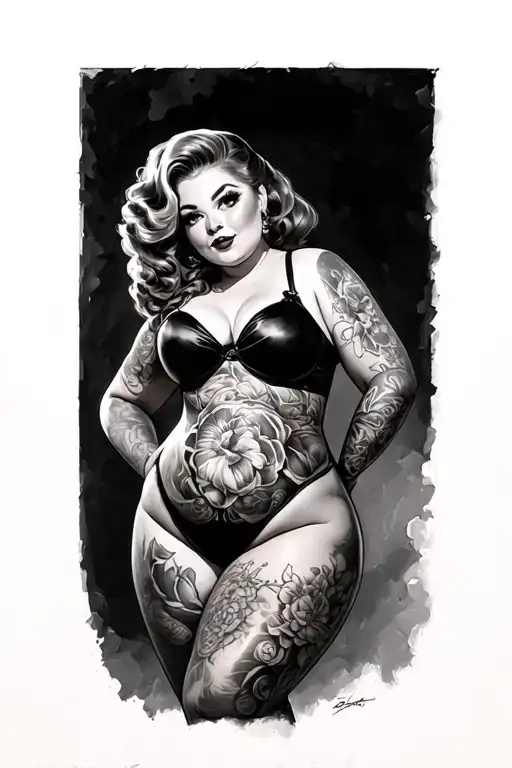 chubby pinup girl with voluminous full length sexy tattoo design idea