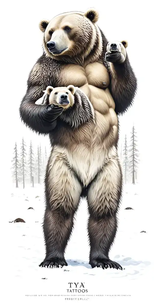 A hyper-realistic black and grey tattoo-style, a powerful adult male bear stands in a Nordic forest with 2 bears tattoo design idea