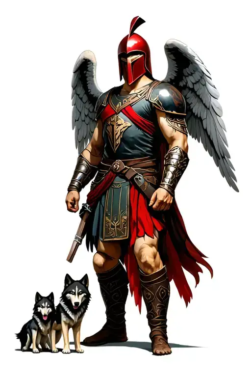 A spartan with red helmet and angel standing behind him on the left with 2 wolf pups next to her tattoo design idea