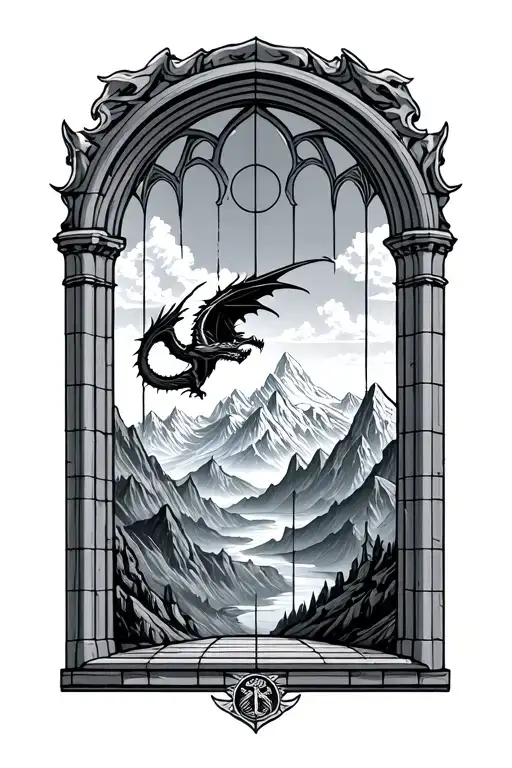 cathedral window with dragon flying outside over a mountain range tattoo design idea