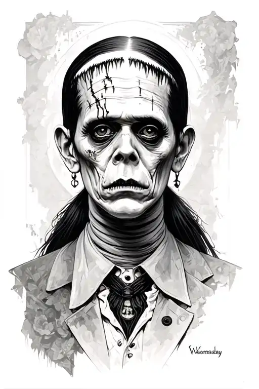 Tattoo Concept — Wednesday x Frankenstein Hybrid (Black & Grey)	•	Gothic portrait-style composition	•	Wednesday Addams tattoo design idea