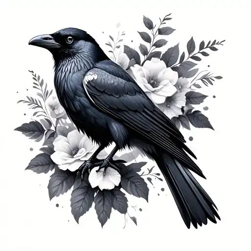 realistic raven, floral, closed books tattoo design idea