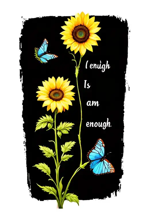 sunflower, daisy, "I am enough", greenery, butterfly tattoo design idea