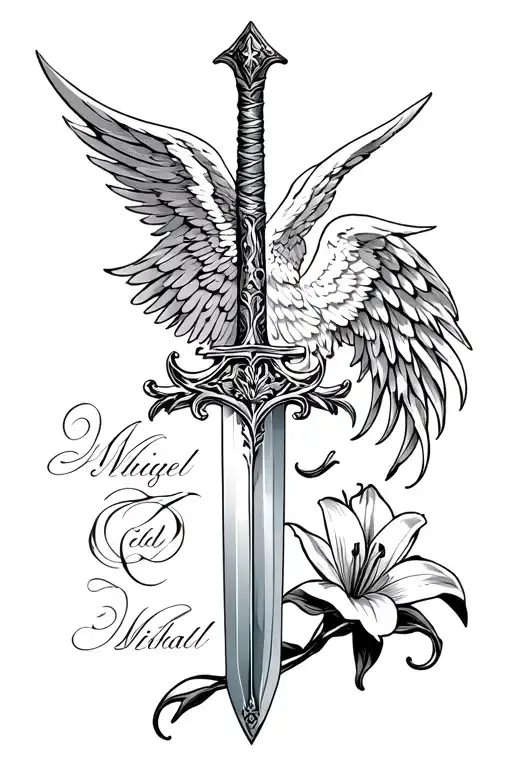 St Michael Sword One Angel Wing with a lily flower and the name lily in it non vissible by first look tattoo design idea