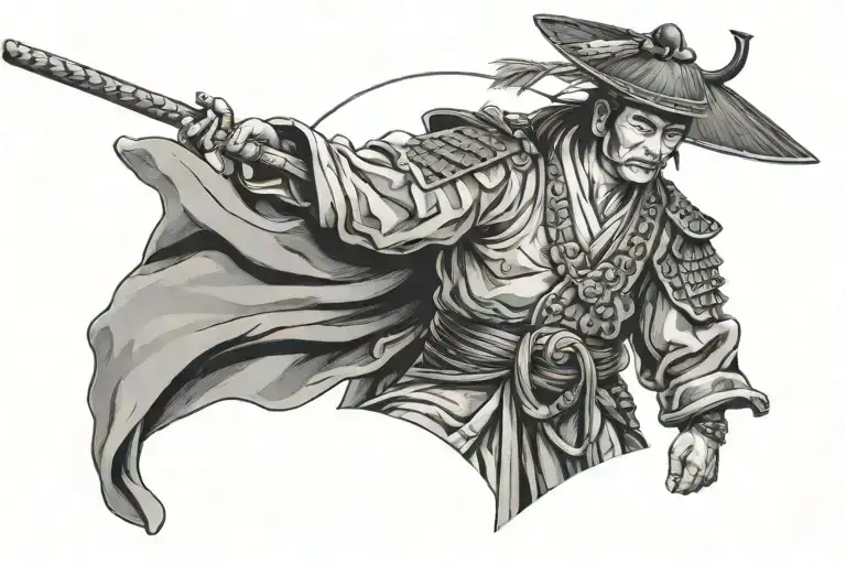 realistic samurai face hidden by japanese hat, moon in background relaxed posture hand on hip full body view. tattoo design idea