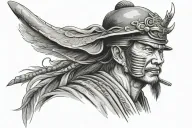 realistic samurai face hidden by japanese hat, moon in background relaxed posture hand on hip full body view. tattoo design idea