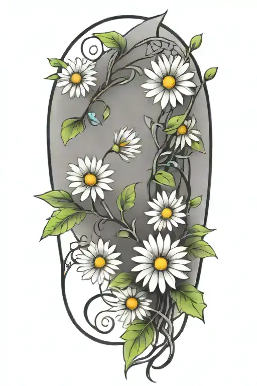 a single Long narrow vine with green leaves and daisy flowers tattoo design idea