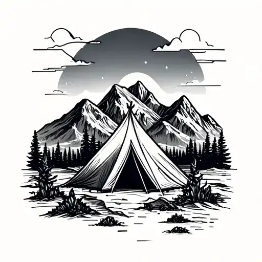 Linework with topographic contour lines and small tent + mountains inside. Thin clean outline. tattoo design idea