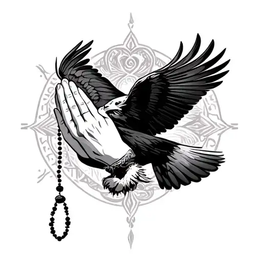 Praying hands with and eagle flying towards and Mala beads tattoo design idea