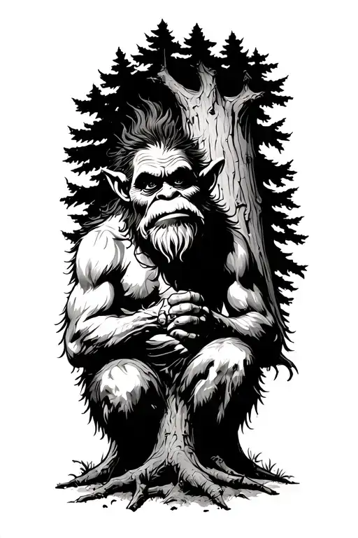 norwegian troll sit at foot of a tree tattoo design idea