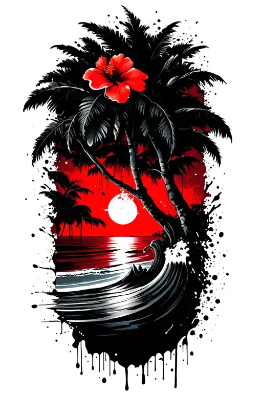 banyan tree with hibiscus flower with waves and a beach tattoo design idea
