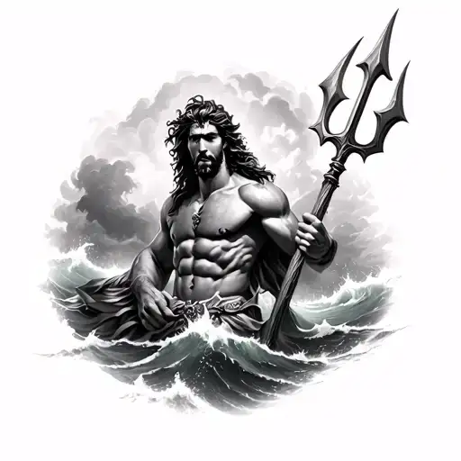 Hyper-realistic black and grey tattoo design of Poseidon with a giant trident, surrounded by turbulent stormy waves and  tattoo design idea