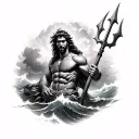 Hyper-realistic black and grey tattoo design of Poseidon with a giant trident, surrounded by turbulent stormy waves and  tattoo design idea