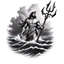 Hyper-realistic black and grey tattoo design of Poseidon with a giant trident, surrounded by turbulent stormy waves and  tattoo design idea