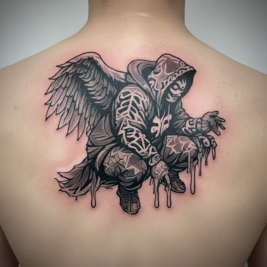 Asian chubby angel boy with bape hoodie, venom drips tattoo design idea