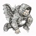 Asian chubby angel boy with bape hoodie, venom drips tattoo design idea