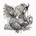 Asian chubby angel boy with bape hoodie, venom drips tattoo design idea