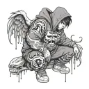 Asian chubby angel boy with bape hoodie, venom drips tattoo design idea