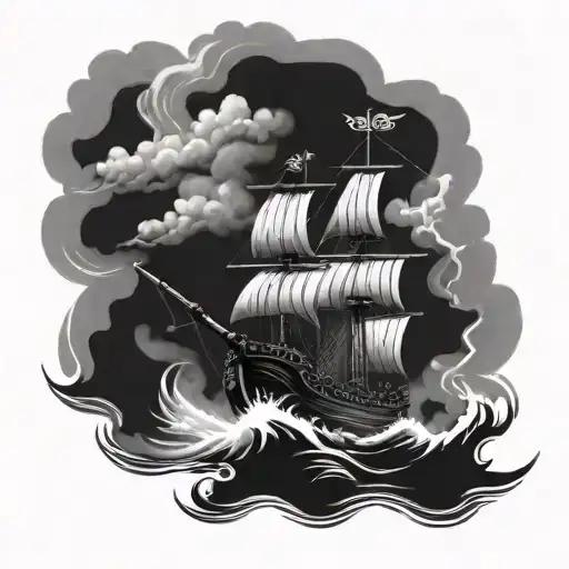 Viking longship sailing through stormy seas with a Latin quote about strength and courage tattoo design idea