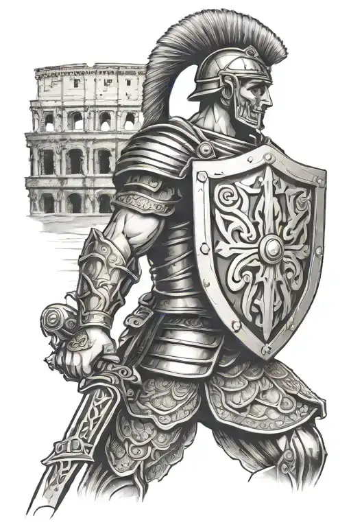 tattoo with roman soldier with shield that has the colosseum as background tattoo design idea