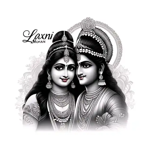 "Laxmi Mohan" with simple design for men and I want mom in small size in upper left side of laxmi and dad in upper right side of mohan tattoo design idea