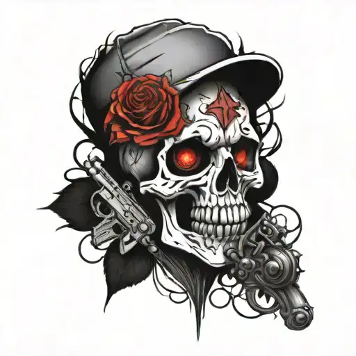 Skull with red eyes and rose and guns and fire  tattoo design idea