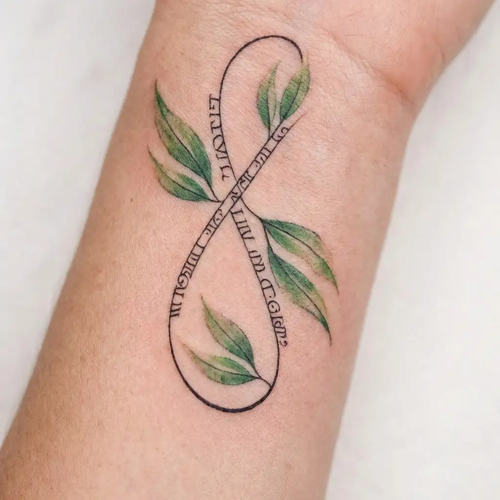 A sleek infinity symbol with the Greek word"Agape" (Ayárn) seamlessly integrated into the loop. 4 olive leaves tattoo design idea
