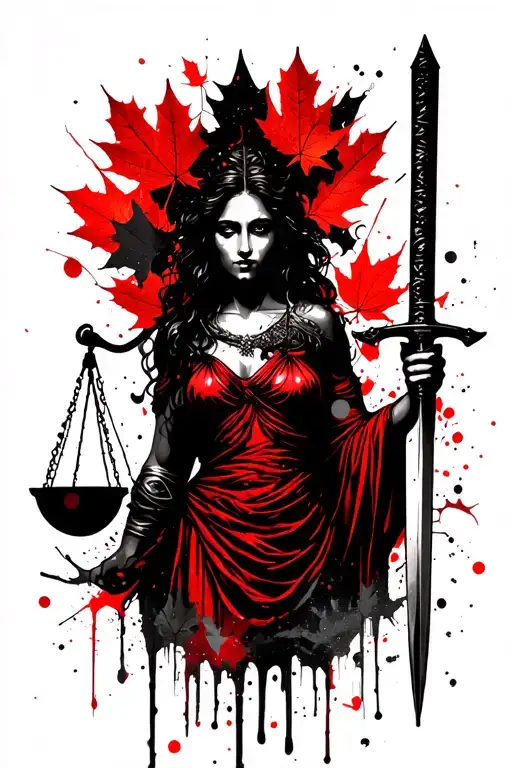 lady justice holding sword with maple leaves tattoo design idea