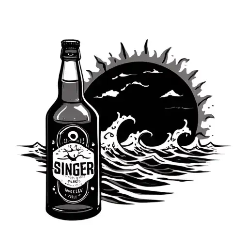 ocean, rum bottle, singer, sun tattoo design idea