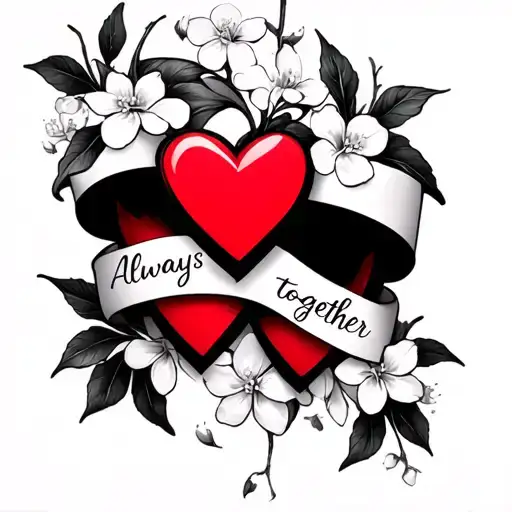 Vertical forearm tattoo: 1-4 red hearts groups with ‘Always together’ cursive below each, white jasmine flowers wrapping tattoo design idea