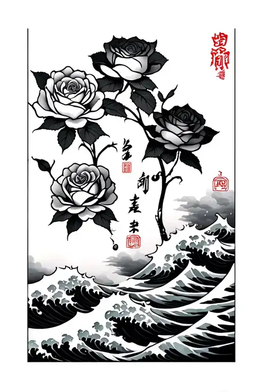 Rose and waves as in Ukiyo-e prints, as well as Japanese characters - 福, 夢, 家, 真. tattoo design idea