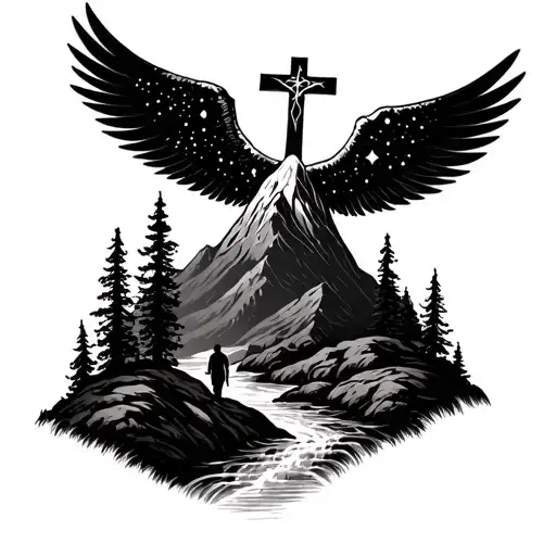 right arm sleeve, Appalachia mountains and trees, stream, man following stars, cross on mountain top archangel Michael  tattoo design idea