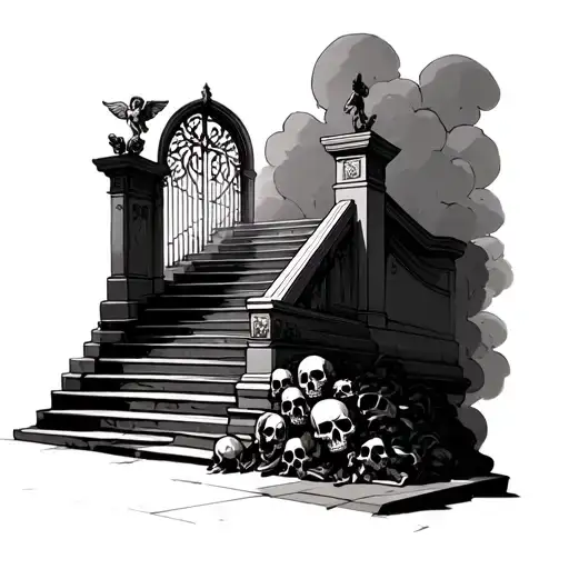 stsirs to heaven with gates and cherub , pile of skulls at the base of stairs  tattoo design idea