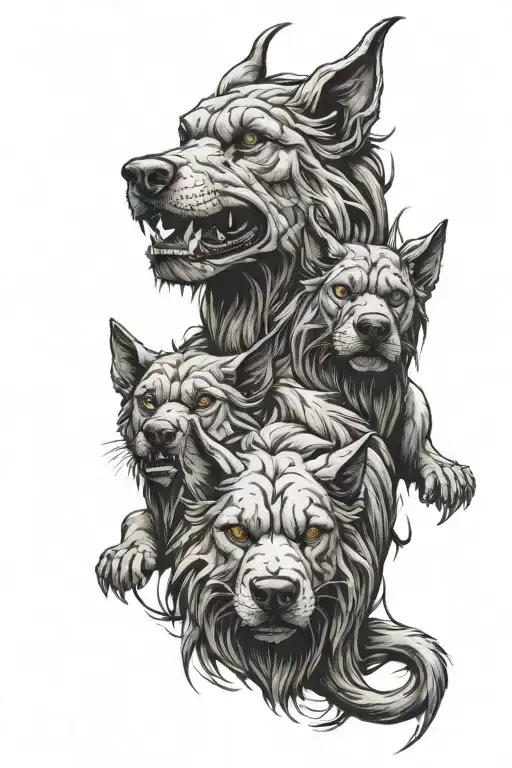 Female Cerberus 3 heads in front of door tattoo design idea