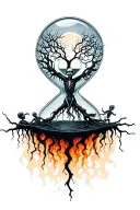 tree of life intertwined in hourglass with skeleton souls trying to escape from hell below tattoo design idea