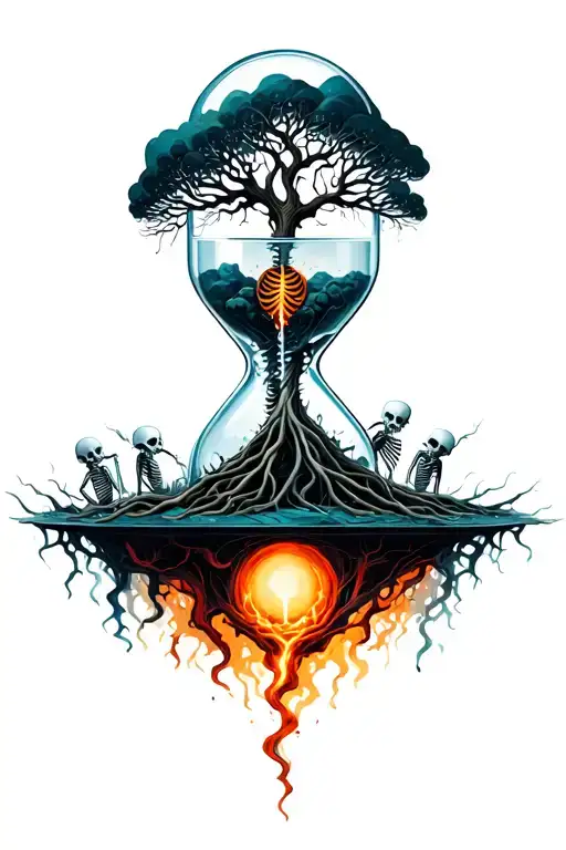 tree of life intertwined in hourglass with skeleton souls trying to escape from hell below tattoo design idea