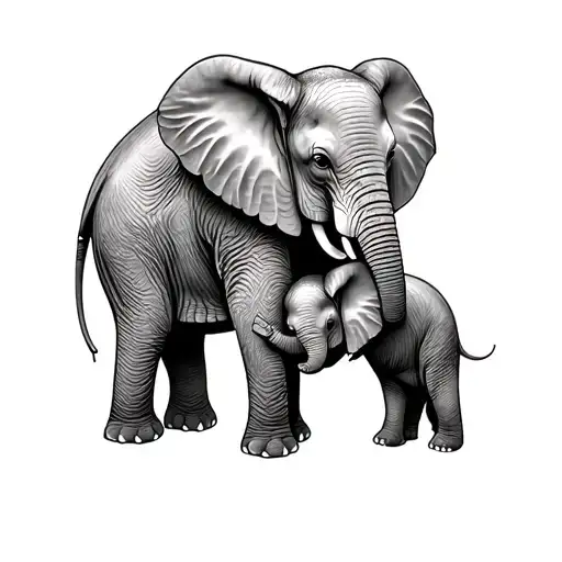 Mama Elephant hugging 2 babies minimalist tattoo design idea