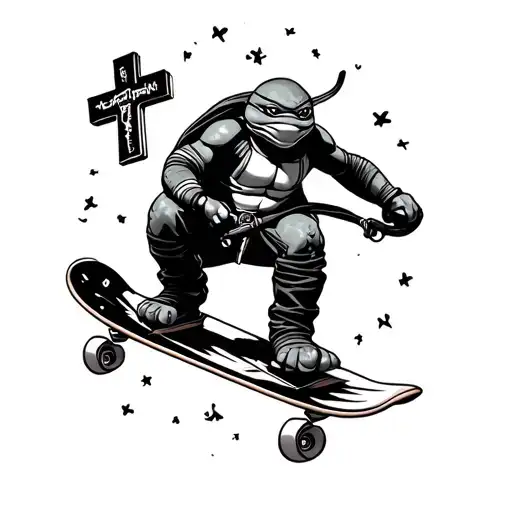 black and white shoulder tattoo that individually shows skateboarding, ninja turtle, christian cross and rock n roll tattoo design idea